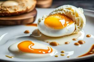 an egg on a plate with a piece of toast. AI-Generated photo