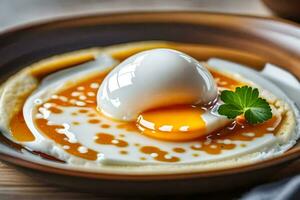 an egg is sitting on top of a bowl of yogurt. AI-Generated photo