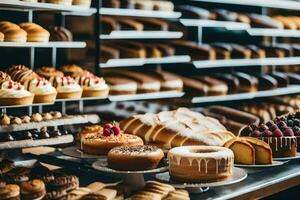 many different types of pastries are on display in a bakery. AI-Generated photo