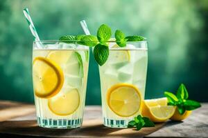 lemonade in a glass with mint leaves. AI-Generated photo