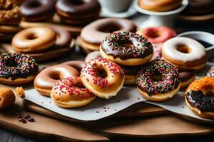 un variedad de rosquillas en un mesa. generado por ai foto