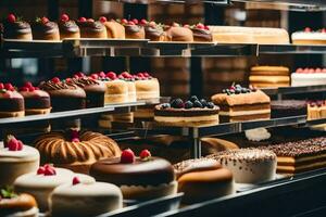 many different types of cakes are on display in a bakery. AI-Generated photo