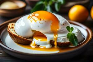 eggs on toast with a poached egg. AI-Generated photo