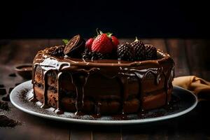 a chocolate cake with strawberries and chocolate drizzle. AI-Generated photo