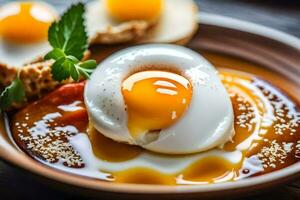 an egg is sitting on top of a bowl of sauce. AI-Generated photo