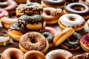 a pile of donuts with different flavors and toppings. AI-Generated photo
