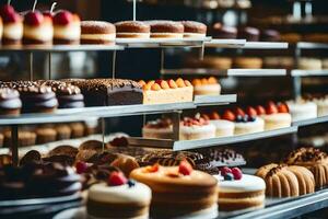 many different types of cakes are on display in a bakery. AI-Generated photo