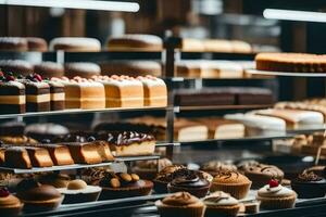 many different types of cakes are on display in a bakery. AI-Generated photo