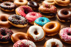 a bunch of donuts are arranged on a table. AI-Generated photo