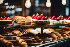 a display of pastries and desserts in a bakery. AI-Generated photo