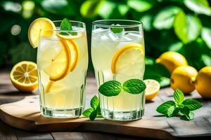 two glasses of lemonade with mint leaves. AI-Generated photo