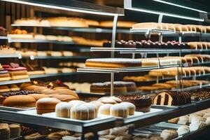 many different types of pastries are on display in a bakery. AI-Generated photo