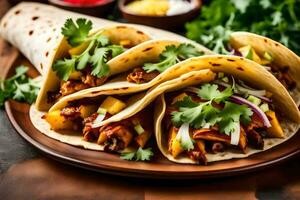 three tacos with meat and vegetables on a wooden plate. AI-Generated photo
