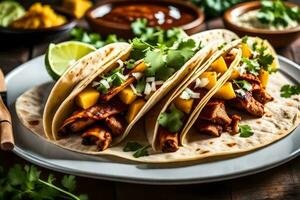 three tacos with meat, cheese and mango. AI-Generated photo