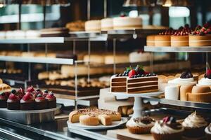 many different types of cakes are on display in a bakery. AI-Generated photo