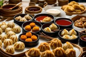 a variety of dumplings and sauces are arranged on a table. AI-Generated photo
