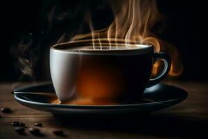 a cup of coffee with smoke coming out of it. AI-Generated photo