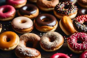 a large group of donuts on a table. AI-Generated photo