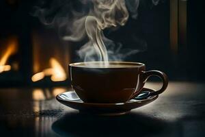 a cup of coffee in front of a fireplace. AI-Generated photo