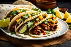 three tacos with meat and vegetables on a plate. AI-Generated photo