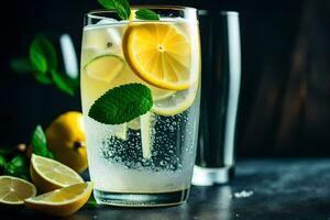 lemonade in a glass with ice and mint. AI-Generated photo