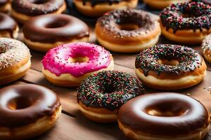 a bunch of donuts with sprinkles and chocolate. AI-Generated photo