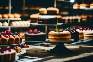 many different types of cakes are on display in a bakery. AI-Generated photo