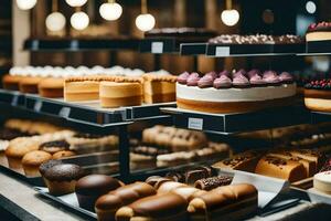 many different types of cakes are on display in a bakery. AI-Generated photo