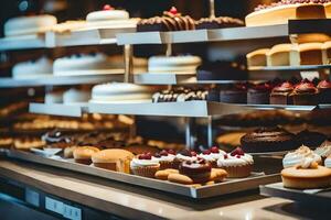 many different types of cakes are on display in a bakery. AI-Generated photo