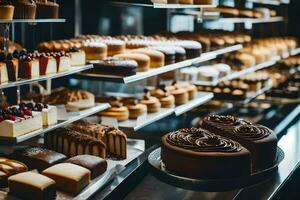 a bakery display with many different types of cakes. AI-Generated photo