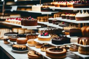 many different types of cakes are on display in a bakery. AI-Generated photo