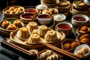 a table with many different types of dumplings. AI-Generated photo