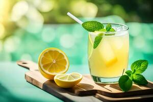 lemonade with mint leaves and lemon slices on a wooden board. AI-Generated photo