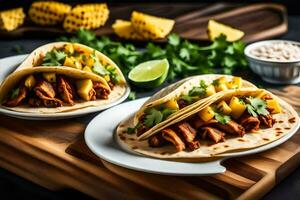 two tacos with pineapple and meat on a cutting board. AI-Generated photo