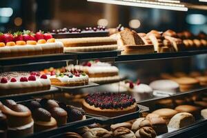 many different types of cakes are on display in a bakery. AI-Generated photo