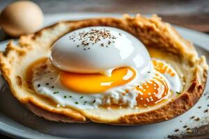 an egg is sitting on top of a bread bowl. AI-Generated photo