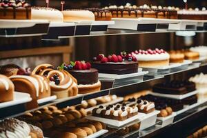 a display of cakes and pastries in a bakery. AI-Generated photo