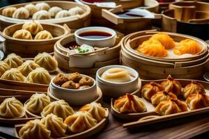 a table with many different types of dumplings. AI-Generated photo