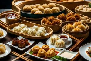 a table with many different types of dumplings. AI-Generated photo