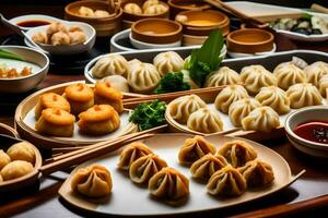 a table with many different types of dumplings. AI-Generated photo