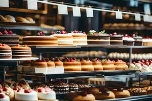 many different types of cakes are on display in a bakery. AI-Generated photo