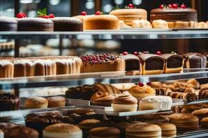 many different types of cakes are on display in a bakery. AI-Generated photo