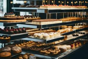 a bakery display with many different types of pastries. AI-Generated photo