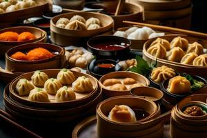 a variety of dumplings and other food in bamboo baskets. AI-Generated photo