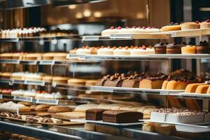 a bakery display case with many different types of pastries. AI-Generated photo