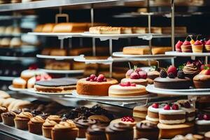 many different types of cakes are on display in a bakery. AI-Generated photo