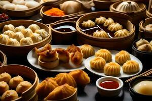 a variety of dumplings and other food in baskets. AI-Generated photo