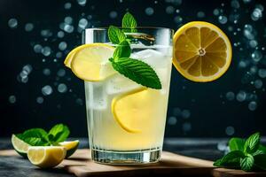 lemonade with mint leaves and lemon slices on a wooden table. AI-Generated photo