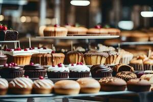 many different types of cakes are on display in a bakery. AI-Generated photo