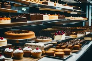 many different types of cakes are on display in a bakery. AI-Generated photo